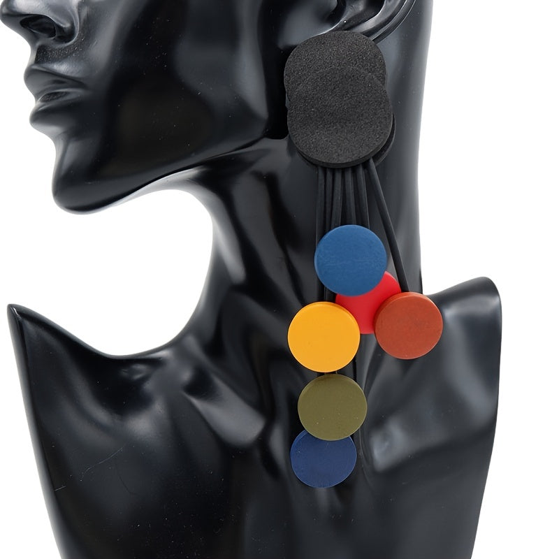 TEMU Colorful Bohemian Silicone Dangle Earrings For Women - Stylish Tassel Design With Black, Blue, Yellow, Red, And Green Circles, Casual Attire Or