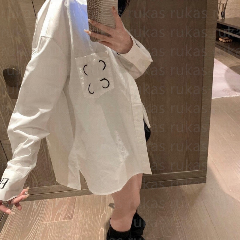 Designer Womens Shirts loose Blouses Long Shirts Silk satin Embroidery Designer Summer New T-Shirt Long Sleeve Tops Pocket Letter Embroidery Tops SM