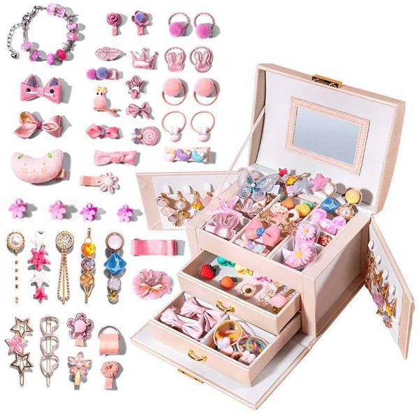 25-45 pieces of girls hair decoration set childrens makeup box rings Tiaras accessories princess beauty games childrens toys 3-year gift X24