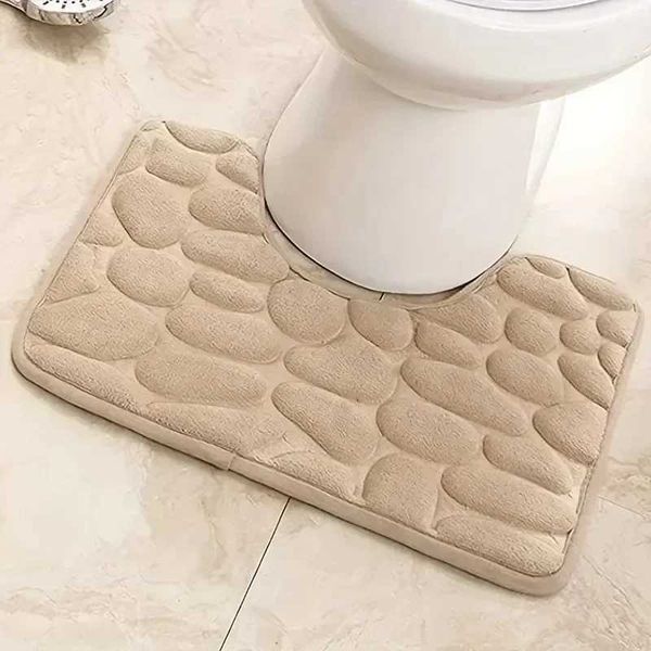 1pc Solid Color Toilet Rugs U-shaped Absorbent Cobblestone Embossed Bathroom Decor Floor Mat Coral Fleece Non-slip Bath CarpetC241227