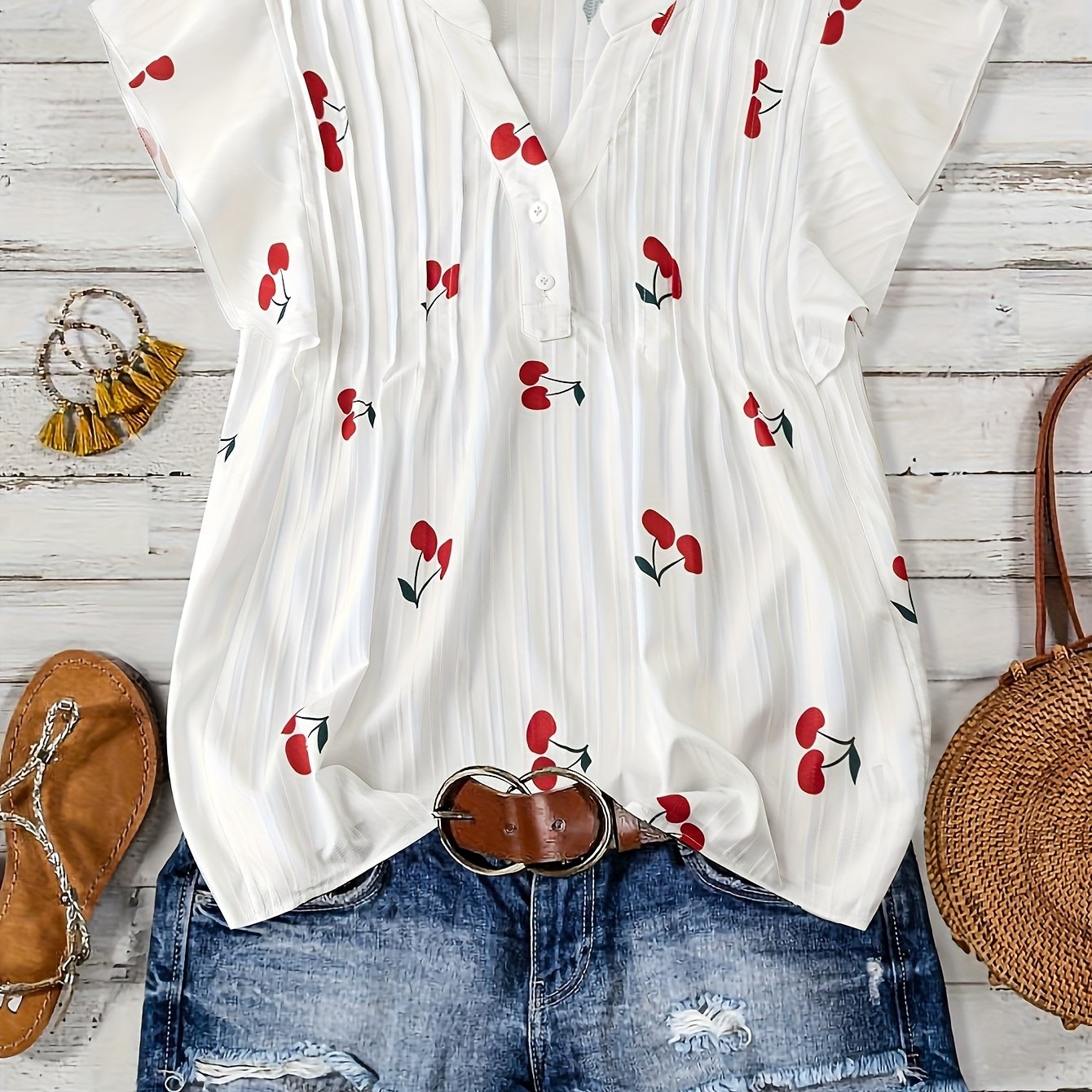 TEMU Women' Blue Floral Print Blouse With Short Sleeves & Hem - Casual Summer Shirt, Button-, Casual Attire, Casual Summer Wear | Floral Print Blouse