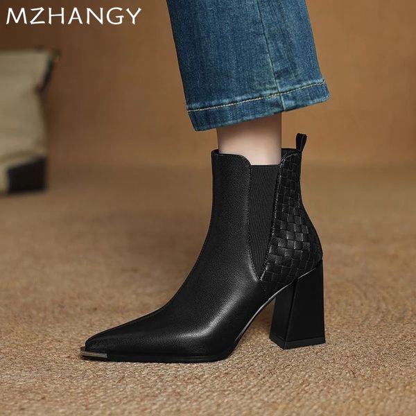 Leather Women Pointed Toe Ankle Boots Elegant High Heels Shoes Woman 2025 Trend Winter Party Pumps Dress Chelsea Boots Mujer 241126