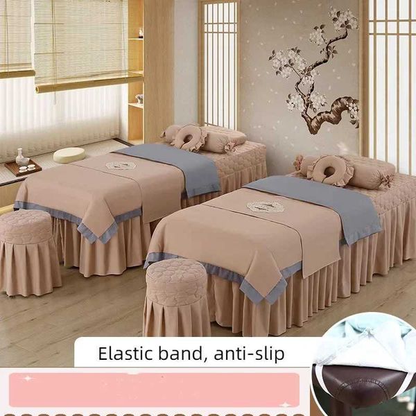 4pcs Anti-slip Beauty Salon Bedding Set with Hole - Massage, Tuina Spa Use, Patchwork Duvet Cover Bed Skirt (2024)