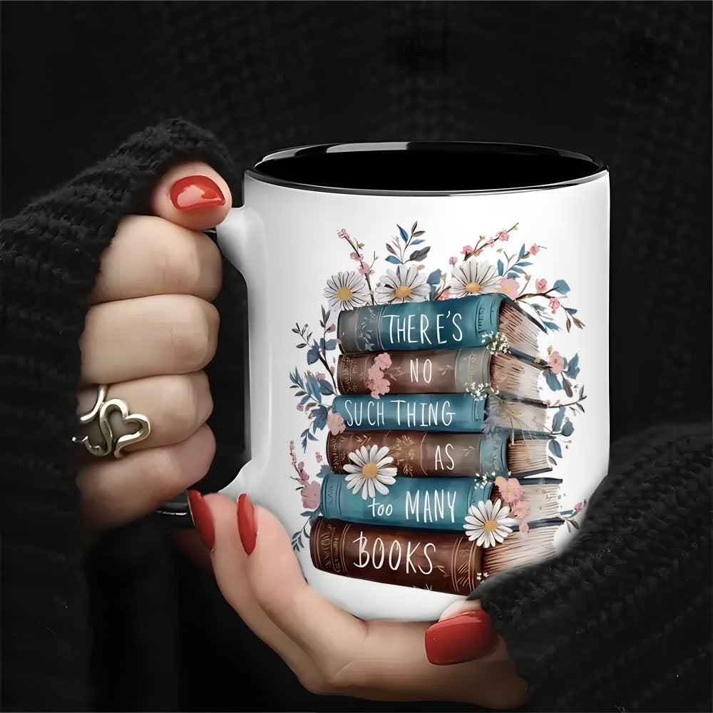 TEMU 1pc Ceramic Book Lover Mug - "'s No Such Thing As Too Many Books" Quote, Insulated & Reusable, With Colorful Flowers & Green Leaves, ,