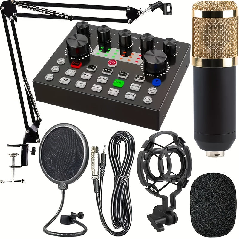 TEMU 2-in-1 V8s Black Professional Recording Kit With Dj Mixer & Condenser Microphones, -,, Xlr-rca Audio, Pop Filter- Mount-boom Arm - Complete