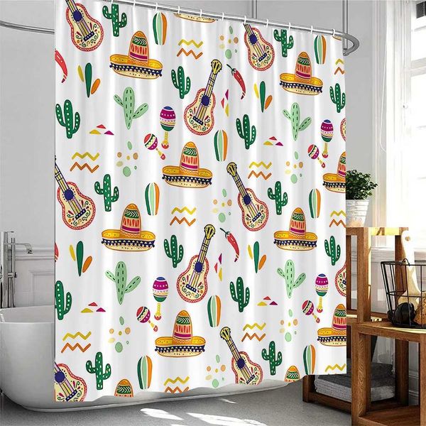 Mexican style shower curtains cartoon tropical plant cactus bathroom decoration polyester fabric bathroom curtains with washable hooks W2408