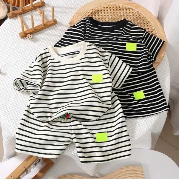 2Pcs Fashion Children Short Sleeve Shorts Sets Summer Kids Clothes Boys Baby Cotton Tee Pant Outfits Black and White StripeXJ250104