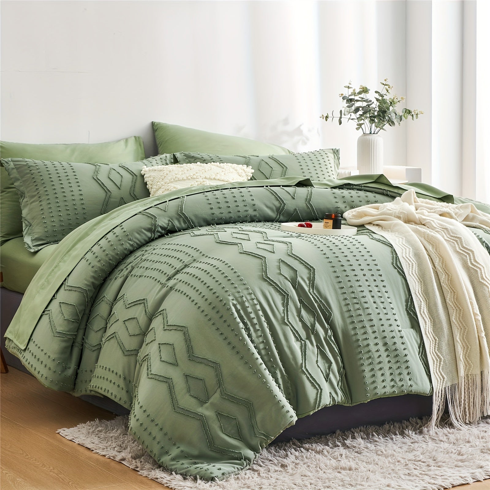 TEMU 5-7pcs Boho Comforter Sets, Geometric Textured Tufted Bed Set, Twin-full-queen-king Size Bed In A Bag, Soft Microfiber Lightweight Bedding Set