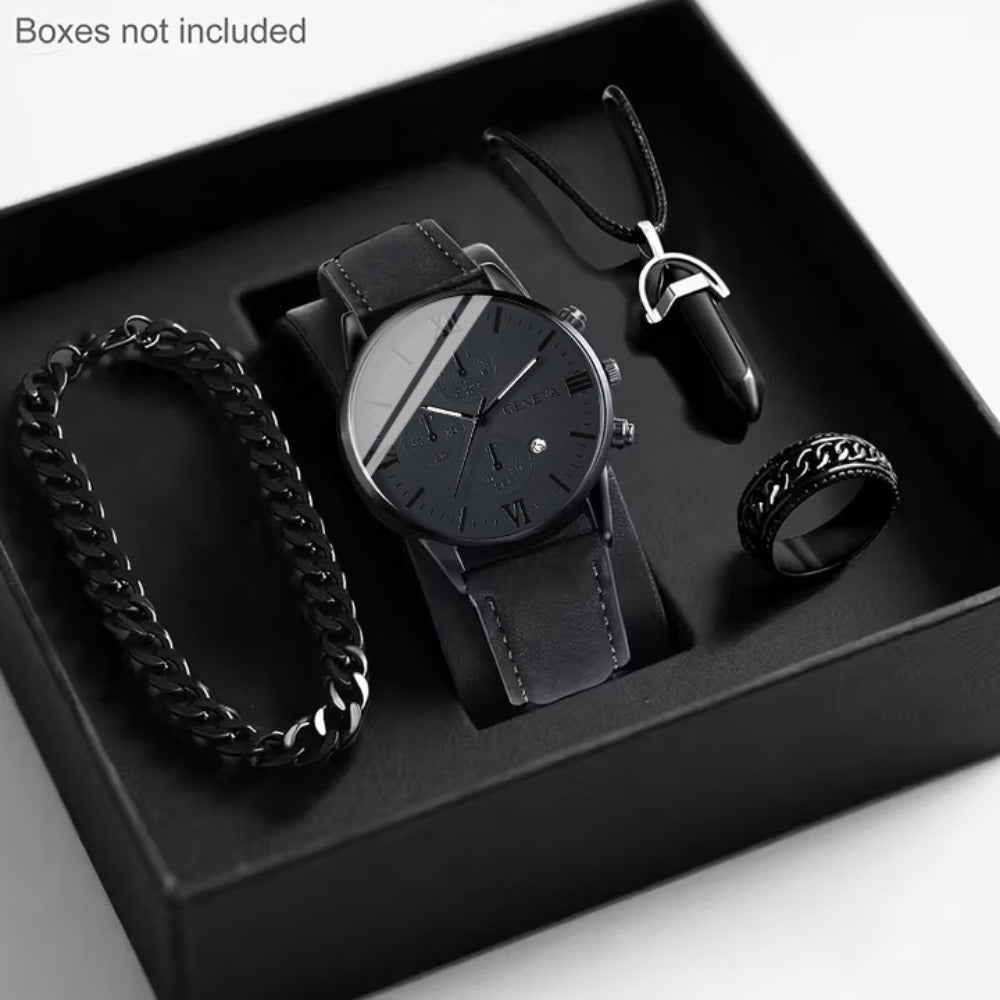 TEMU 4pcs- Set Watches For Men, Alloy Dial Leather Band Watch Sets & 1pcs Mens Fashion Bracelet+necklace+ring Jewelry For Men Set, Work And Daily