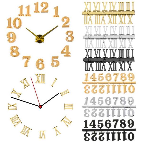 1 Set Roman Numeral 3D Clock Acrylic Mirrored Digital Wall Clock For Living Room Modern Design DIY Clock Home DecorationXJ240814