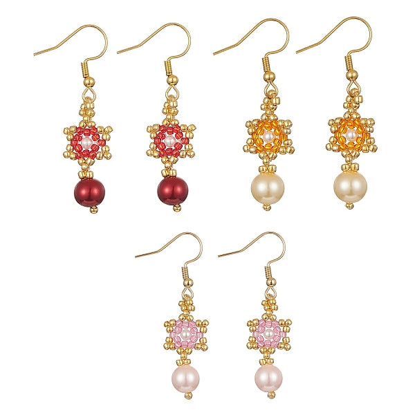 Boucles d'oreilles pendantes tressées en forme d'étoile et de graines de verre rondes