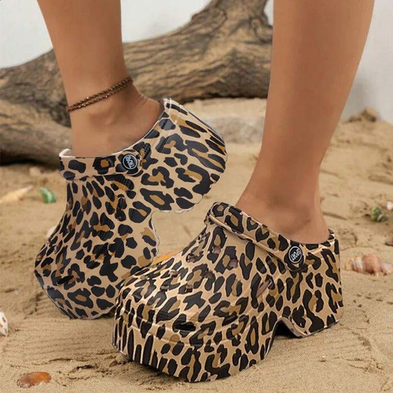 Leopard Platform Clogs for Women Closed Toe Chunky High Heel Sandals Woman Summer Street Beach Slides Girls Fashion Slippers 240924