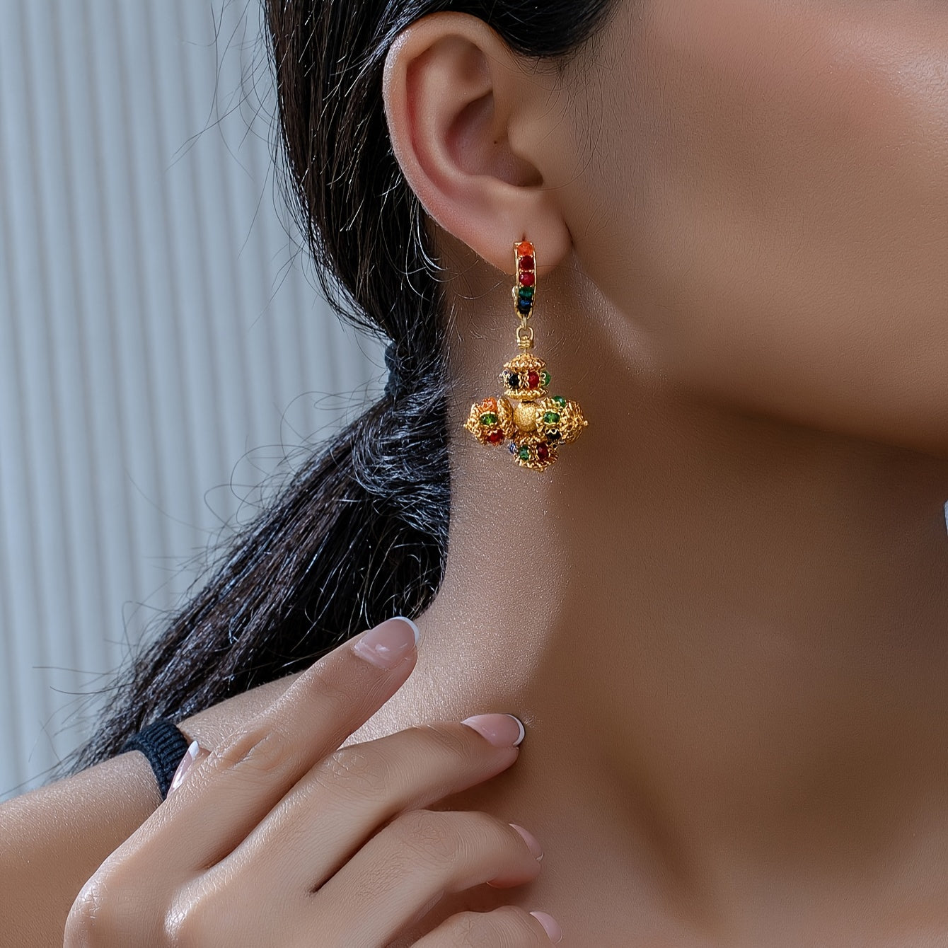 TEMU Luxury Handcrafted Copper & Glass Bead Earrings - Intricate Floral Motif, Vibrant Multicolor Design For Casual Attire & Special Occasions,