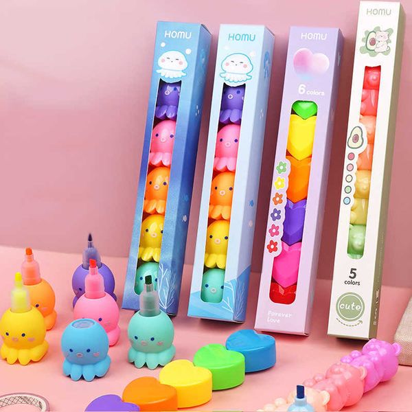 Highlighters 56 Colored Creative Cute Octopus Highlighters Set Cartoon Bear Markers Fluorescent Pen Kids Gifts School Supplies Stationery J2