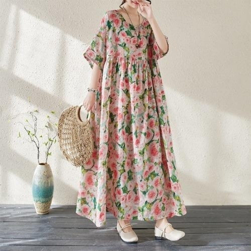 150 dress summer large size 2025 age-reducing new floral loose slim temperament leisure with pockets large swing skirt