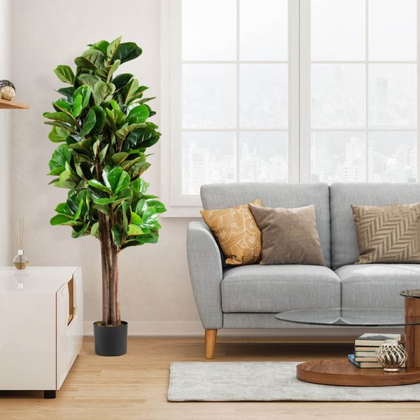 Decorative 5&#039; Fiddle Leaf Fig Tree Standee with Planter - Elegant Green Interior Accent