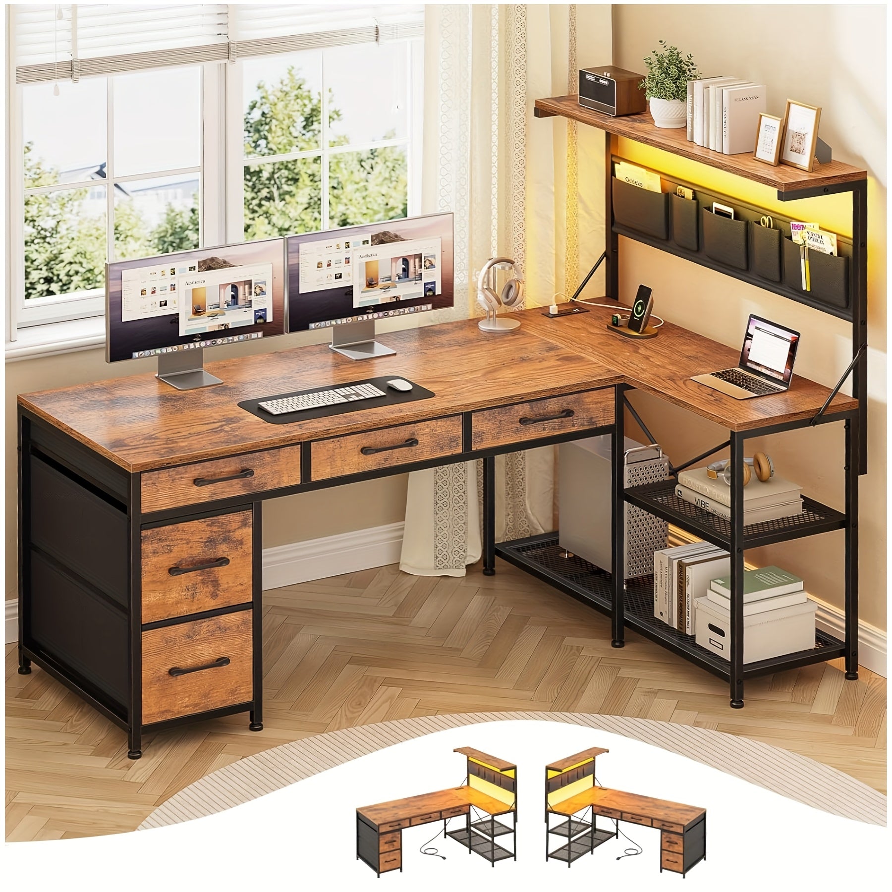 TEMU L-shaped Gaming Desk With 5 Drawers And Storage Shelves, Computer Desk With Bookshelf, Suitable For Home Office, L-corner Table With Led Lights,