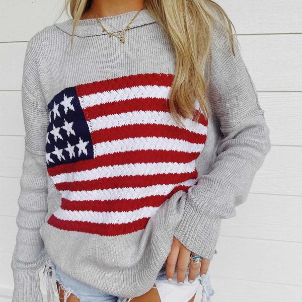 Women&#039;s Sweaters Womens casual long slip sweater with American flag print staff collar solid color loose knit zipper skydiving top H241