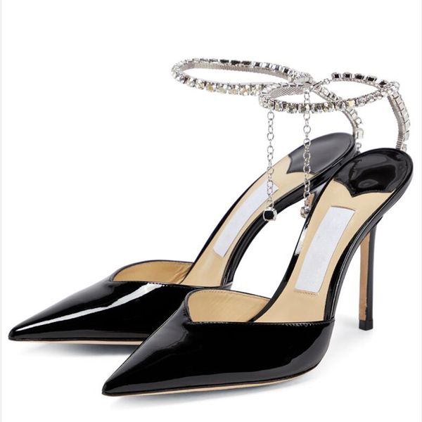 Fashion Summer Ladies Sandals Saeda 100 mm Pumps In Patent Leather Italy Popular Pointed Toes Crystal Ankle Strap Designer Family Party Sand