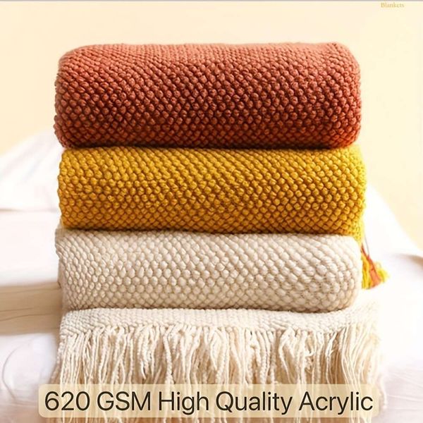Knit Contemporary Chunky Tassel Throw Blanket - 100% Acrylic, All-season Lightweight Decor for Couch & Bed, Hine-washable