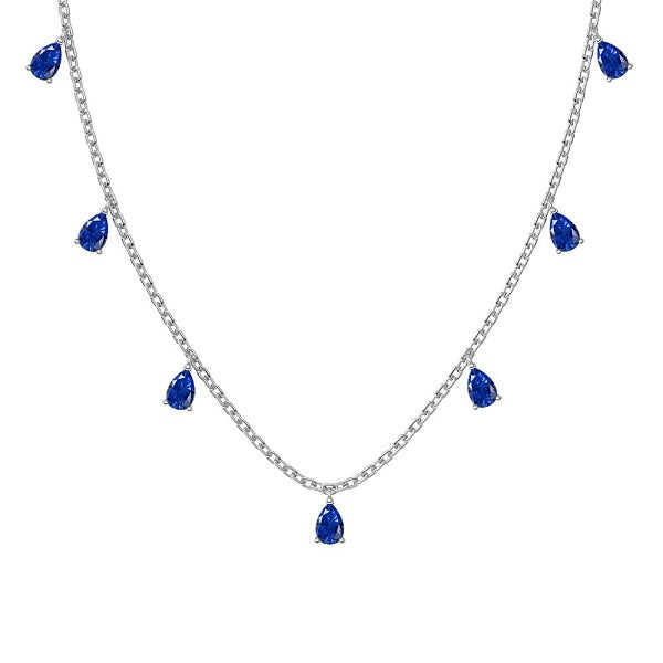 Collares de plata de ley chapados en rodio con circonita cúbica azul y borlas en forma de lágrima para mujer