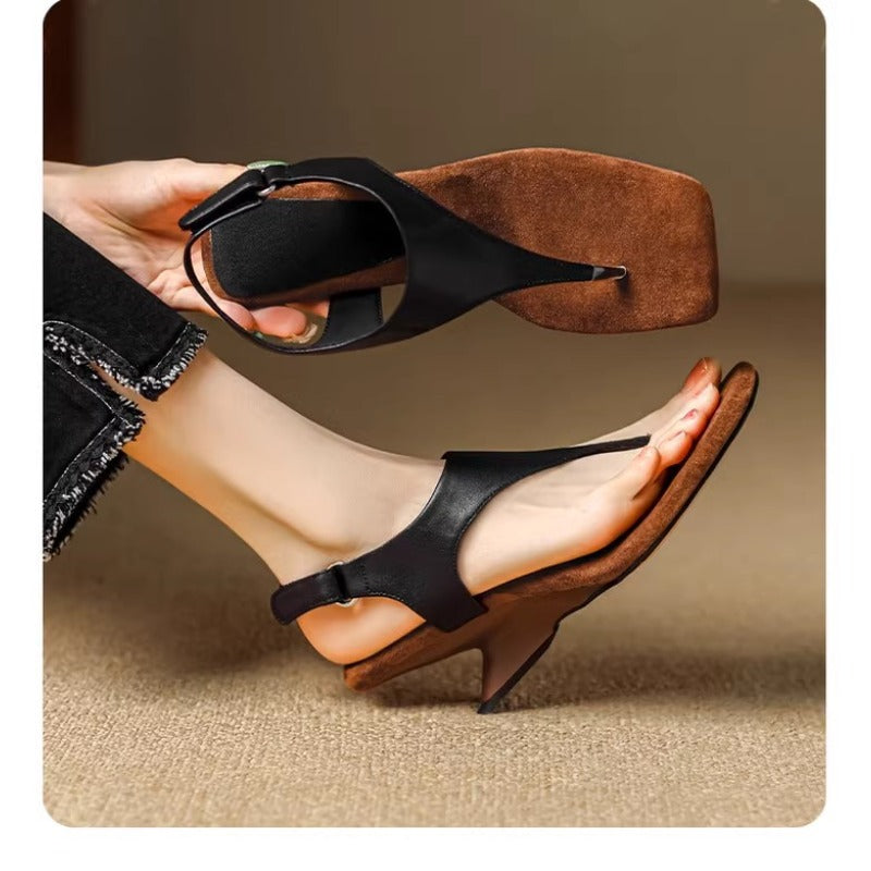 Toe Sandals Women&#039;s 2024 New Summer Outer Wear Cowhide Slope-heeled High-heeled Roman Shoes Design Niche Womens Shoes