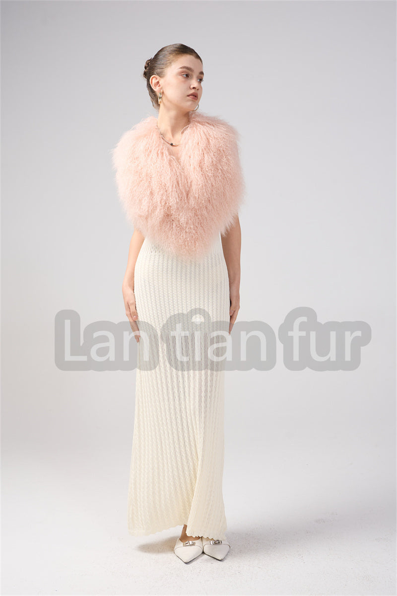 Fluffy Cropped Real Mongolian Fur Halter Vests Women Solid Deep V-Neck Backless Bandage Sleeveless Jackets Top Outerwear Coat