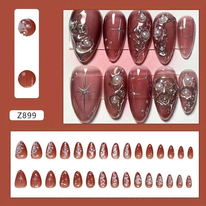 TEMU 30pcs Dark Red Almond Short Press-on Nails With 3d & Star Designs - Glossy Detachable Nail Art Stickers For , Beauty Accessories, Embellished