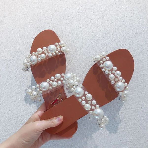 Womens Bohemian pearl slippers flat sandals summer open toe womens crystal shoes 240606