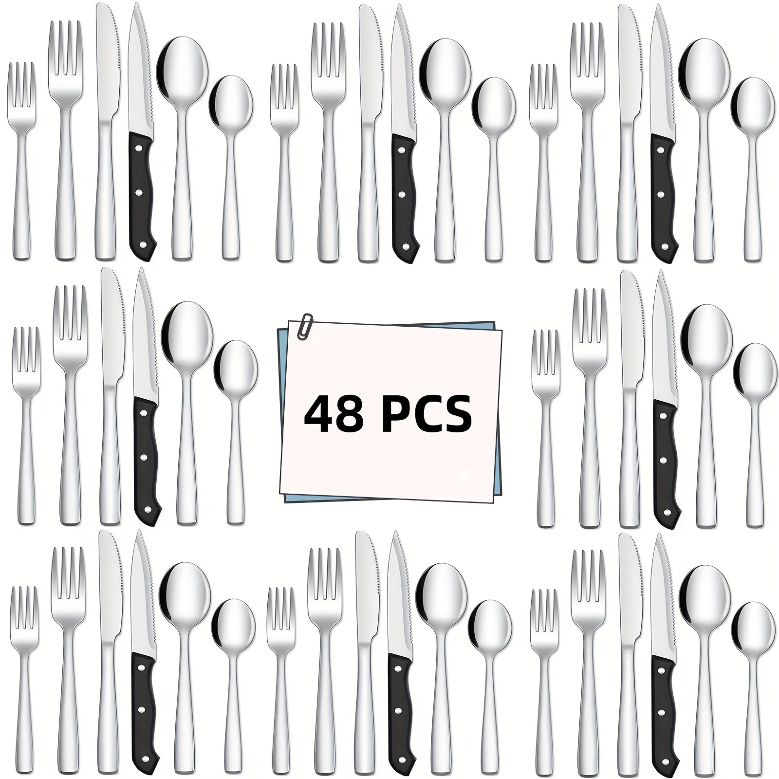 TEMU Silverware Set, 48pcs Heavy Duty Stainless Steel Flatware Utensils Cutlery Set Including Steak Knife Fork And Spoon, Dishwasher Safe, Gift