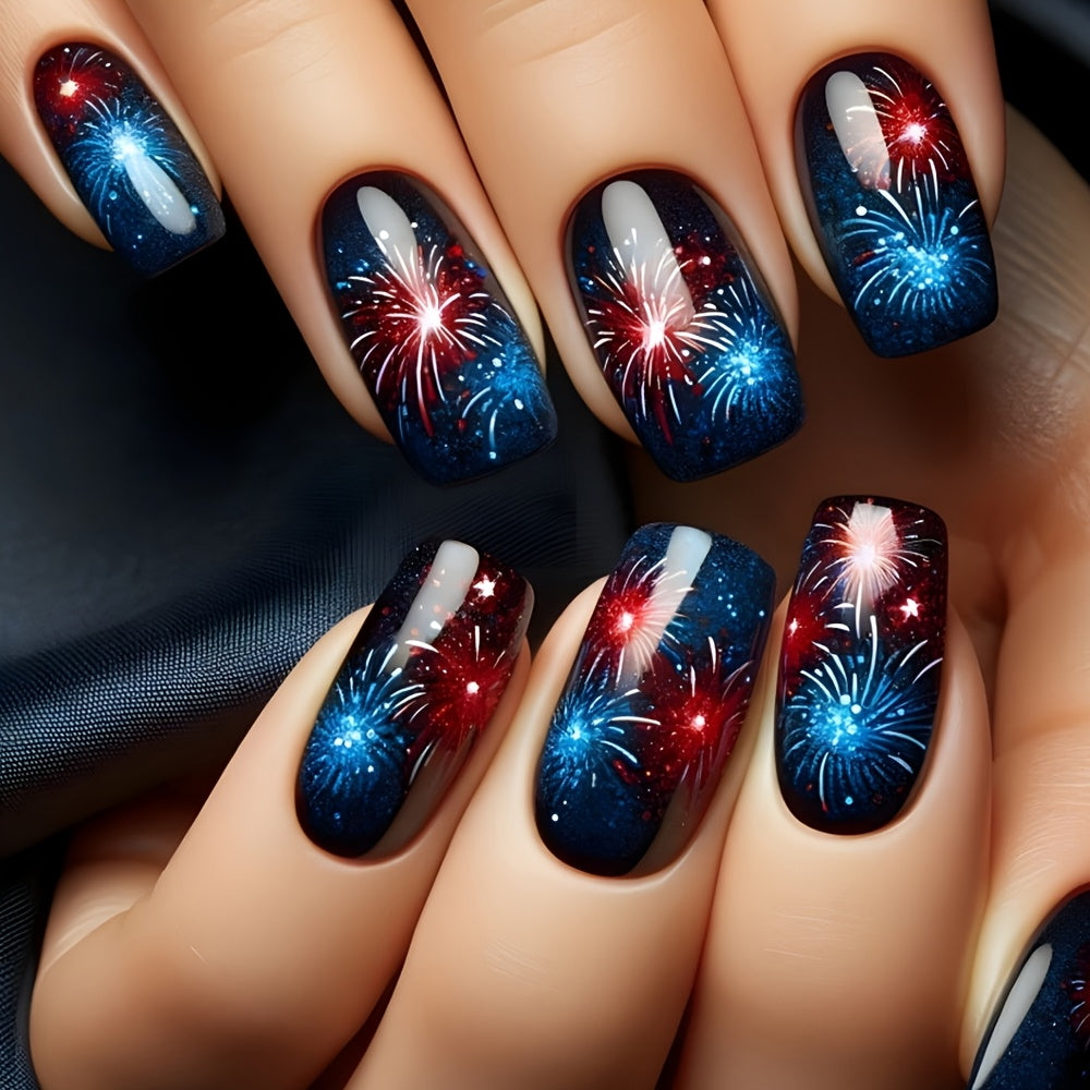 TEMU 24pcs Vibrant Fireworks Nail Art Stickers Set - Medium Length, Square Shape, Glossy Finish With Colorful Stripes & Flames Design - Easy To Apply