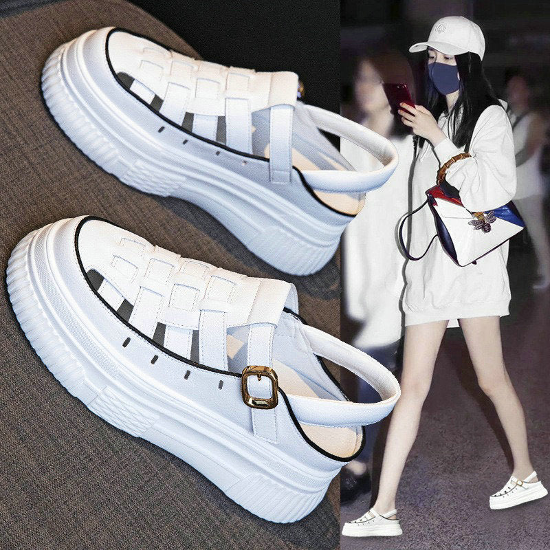 Inner Increasing Roman Sandals Female 2024 Summer New Woven Shoes Female Cowhide Leather Thick Sole Baotou Sandals