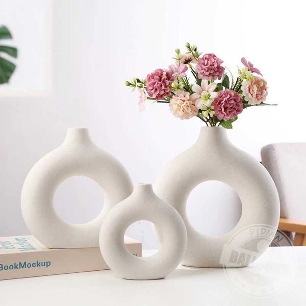 Vases NEW Circle Ceramic Vase Minimalist Decoration Creative and Minimalist Living Room Bedroom Home Tabletop Vase Ceramic Decoration H25011