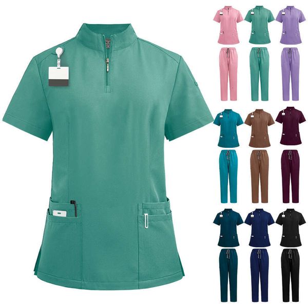 Stand Collar Short Sleeved Elastic Quick Drying Doctors Hospital Uniform Two-piece Set Straight Leg Pants Beauty Salon Hand Wash Clothes New