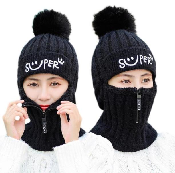 BeanieSkull Caps Women Winter Knitted Beanie Balaclava Hat Letters Embroidery Faux Fleece Lined Zipper Face Mask Neck Warmer Outd1639219