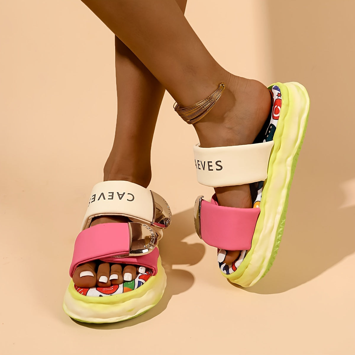 TEMU Women' Printed Platform Sandals, Fashion Open Toe Summer Shoes, Comfortable Slip On Slide Sandals