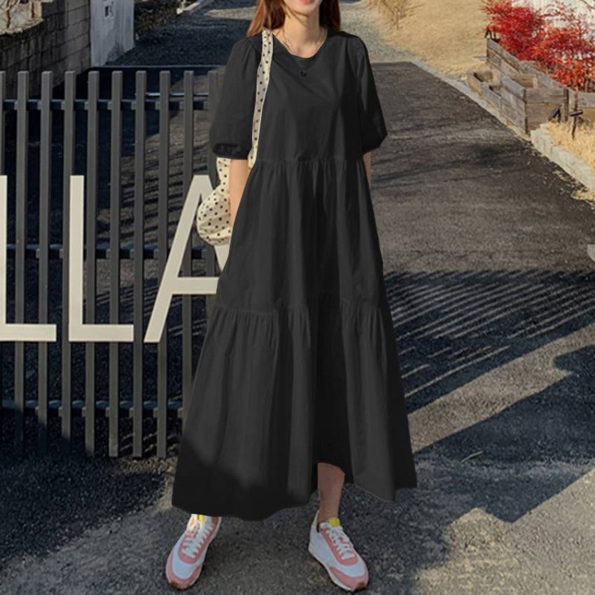 (449) New Fashionable Loose Solid Color Puff Sleeve Swing Long Dress