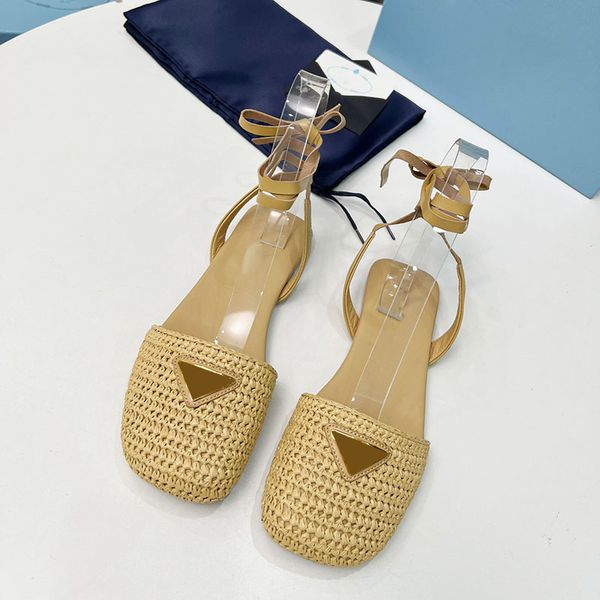 24SS Raffia Flat Heels Sandals Luxury Designer Lace Up Outdoor Leisure Shoe Classic Khaki Black Slides With Dust Bags Casual Shoe Girls Mule