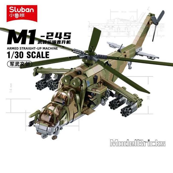 2024 Sluban WW2 Military Russia Air Weapon Mi-24 Attack Helicopters Hind Model Building Blocks Classics Fighter Bricks Plane ToyC250208