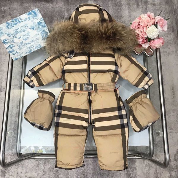 Popular newborn baby Down jumpsuit Checkered printing kids Winter clothing Size 75-110 CM High quality boy girl overcoat and Warm gloves