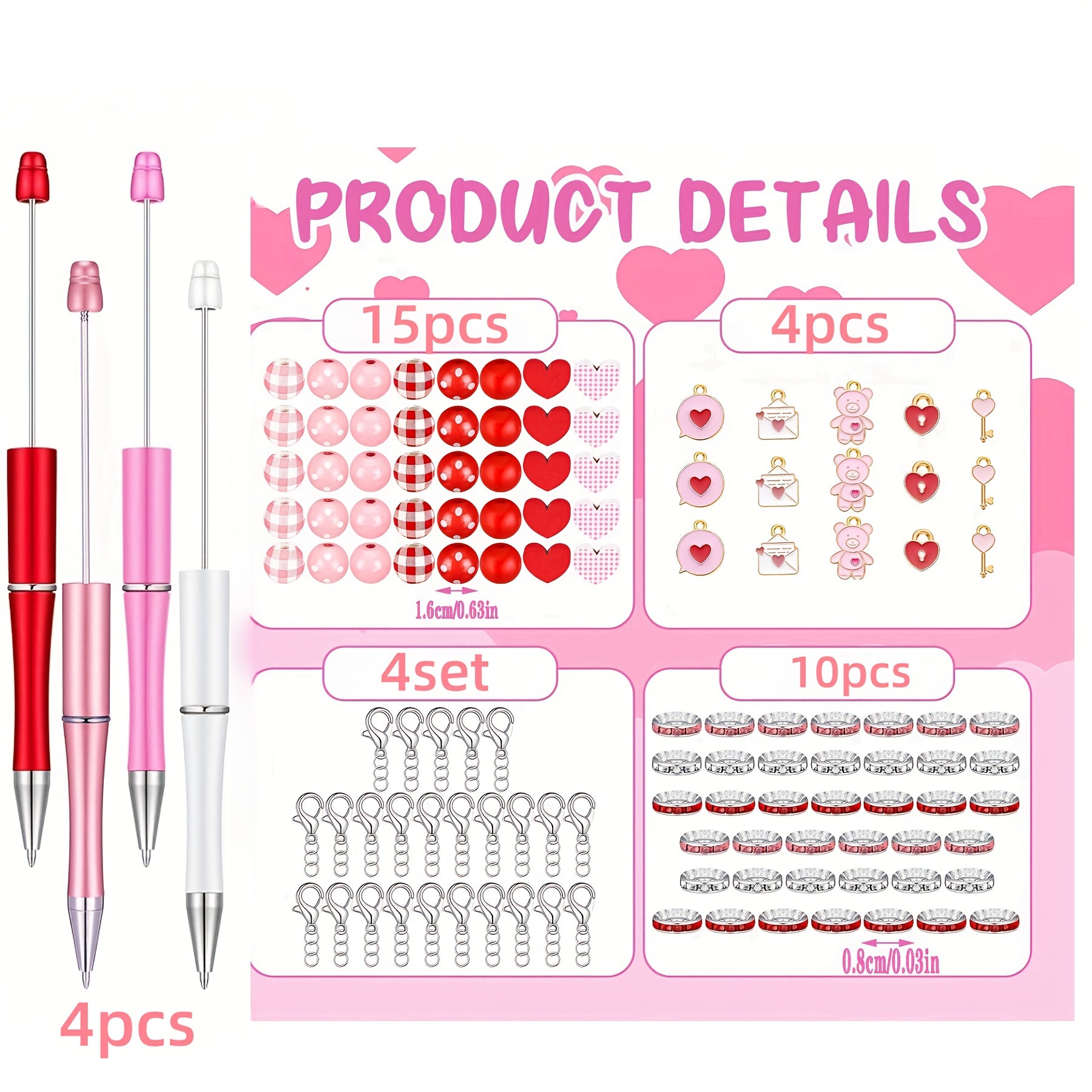 TEMU Round Ballpoint Pen Set Of 4, Diy Matching Beaded Pens Gift And Love Office Gift Bead Pen Making Kit