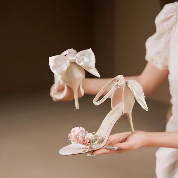2024 Summer Fashion Women Pumps Open Toe Satin Flower Bow Buckle High Heel Sandals Dress Wedding Shoes 240620