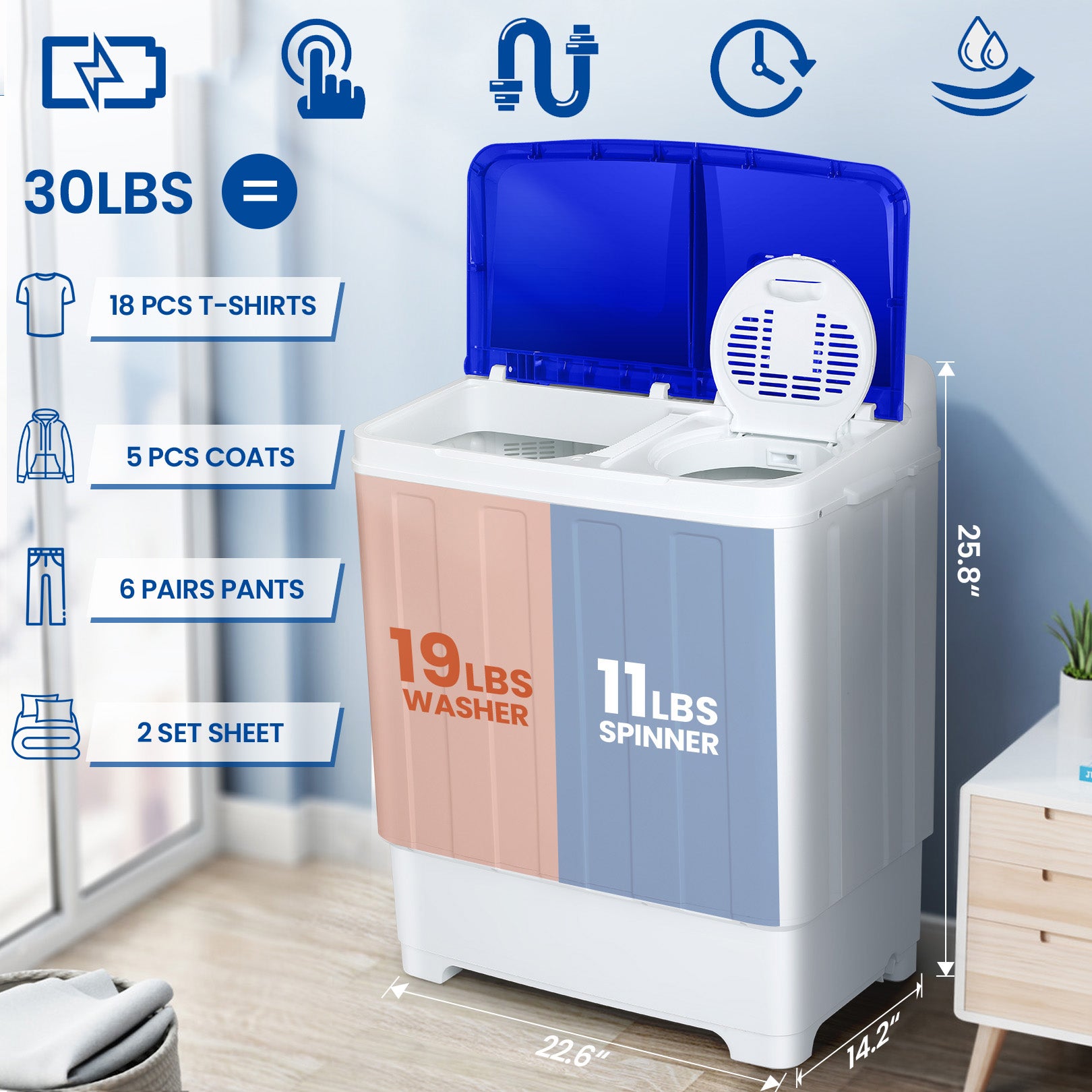 TEMU 30lbs Portable Washer, Twin Tub Washer And Dryer Combo Laundry Washing Machine, Washer Machine With Wash & Dehydration, 19lbs Washer 11lbs