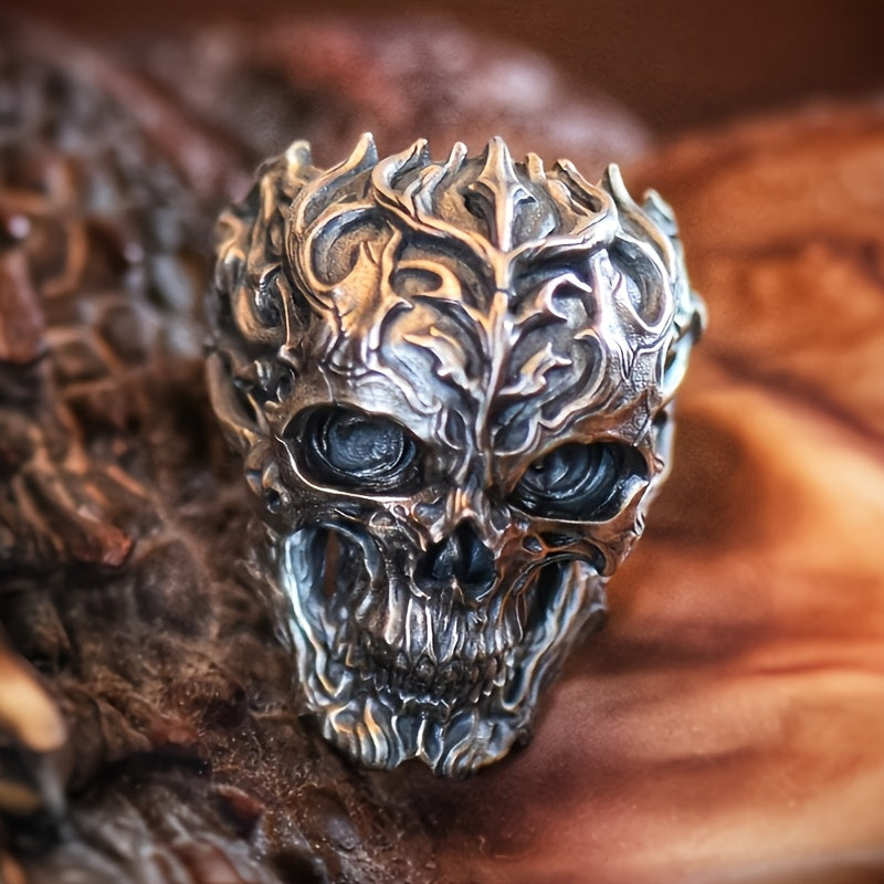 TEMU Men's Bohemian Skull Ring - Intricate Gothic Design, Durable Metallic, Statement For Edgy Fashion & Casual Attire, Textured , Detailed