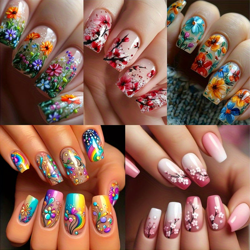 TEMU 120pcs 5pcs Mixed Nail Art Set, Glossy Finish, Square, Medium Length, Floral And Striped Patterns, Spring-summer Removable Nail Art Stickers