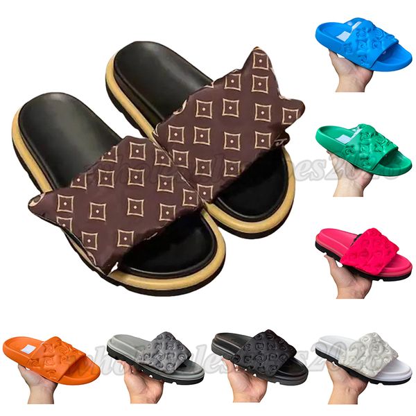 free shipping designer slippers pool pillow summer embossed slides sandals flat mules slipper women men swimming Pool sliders embossed rubbe