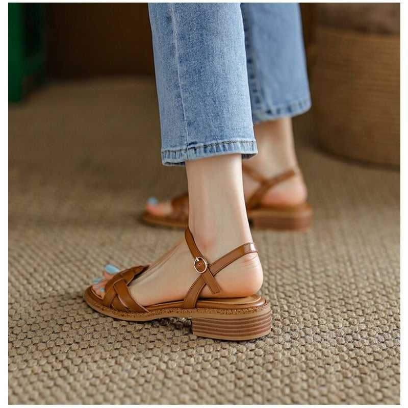 Ladies Shoes 2024 High Quality Retro Women&#039;s Sandals Roman Literary Style Hollow Female Shoes Summer Solid Heeled Sandals