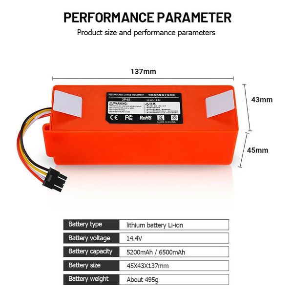 14.4V 6500mAh Vacuum cleaner Replacement Battery for Xiaomi Robot Roborock S50 S51 S55 Accessory Spare Parts & 5200mAh