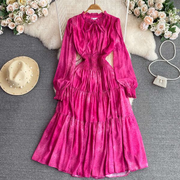 French Tea Break Skirt High End, Light Luxury Style, Wooden Ear Edge Standing Collar, Long Sleeves, Waist Wrapped, Slim A-line Dress Lace Dr