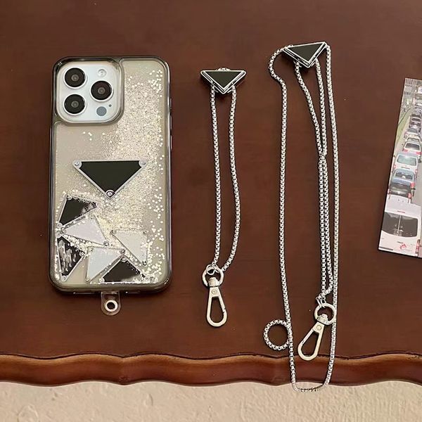Designer Phone Case for Apple iPhone 15 Pro Max 14 13 Luxury Quicksand Building Blocks Chains Crossbody Shoulder Strap Necklace Lanyard Back